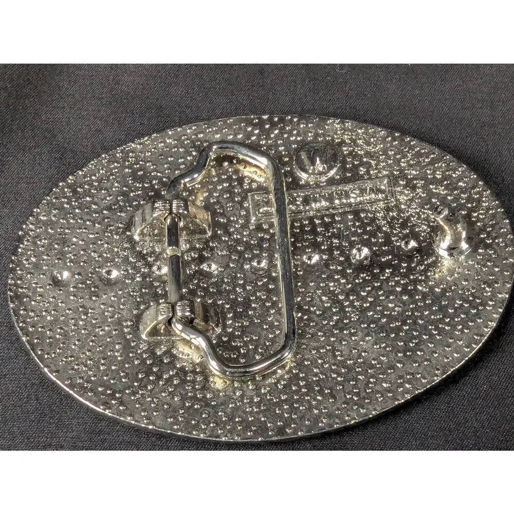Vintage Oval Belt Buckle Silver-Tone Eagle Motif Black Enamel Rope Border 3.5in